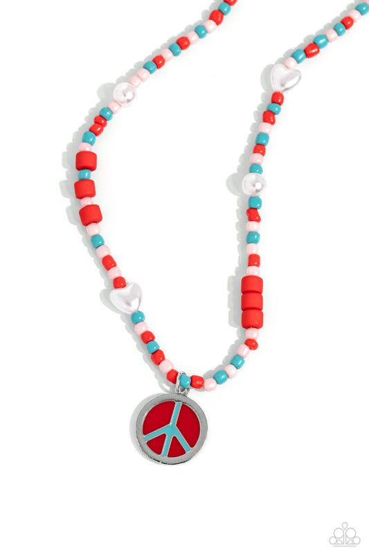 Pearly Possession - Red, Pink, Blue Seed Beads/Peace Sign Pendant Paparazzi Necklace & matching earrings