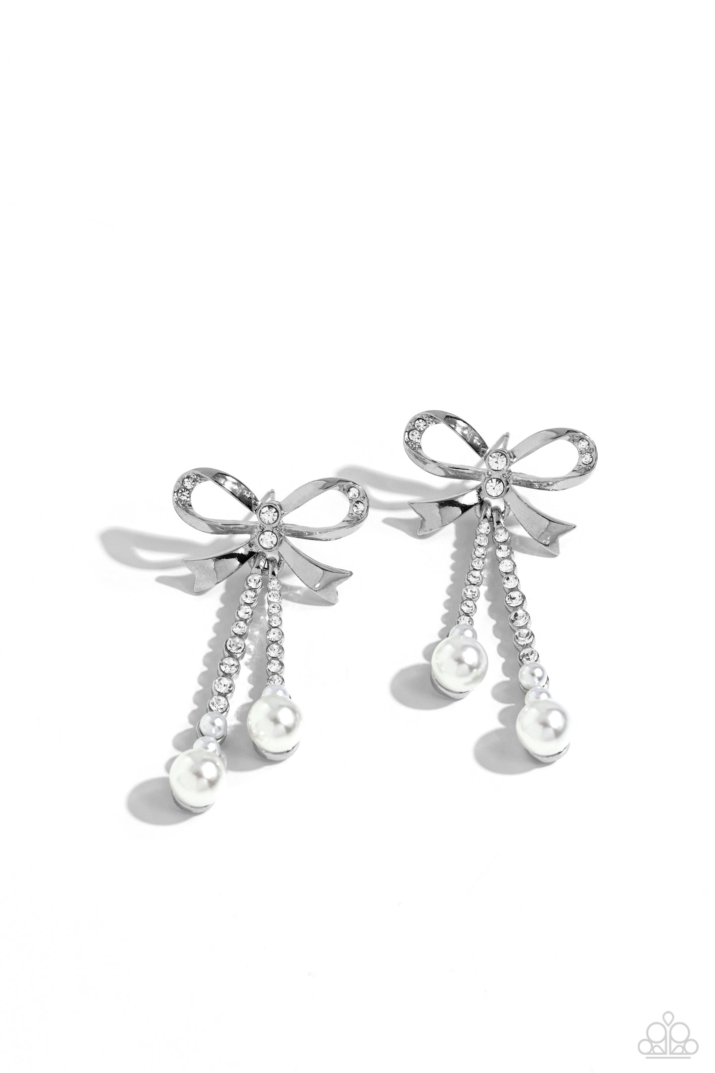 Bodacious Bow - White RhinestoneWhite Pearls Paparazzi Bow Earrings