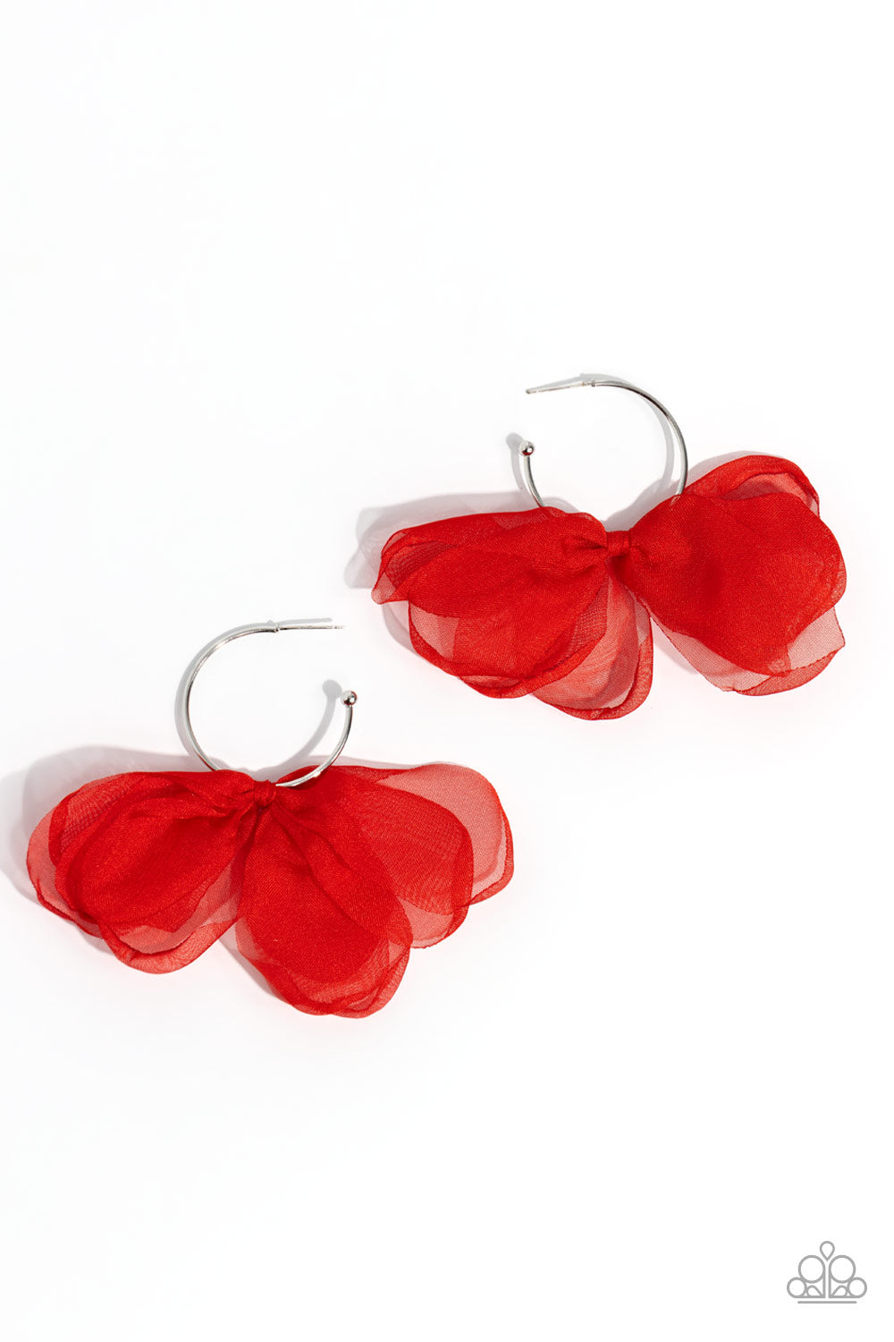 Chiffon Class - Red Chiffon Bow/Silver Hoop Paparazzi Earrings