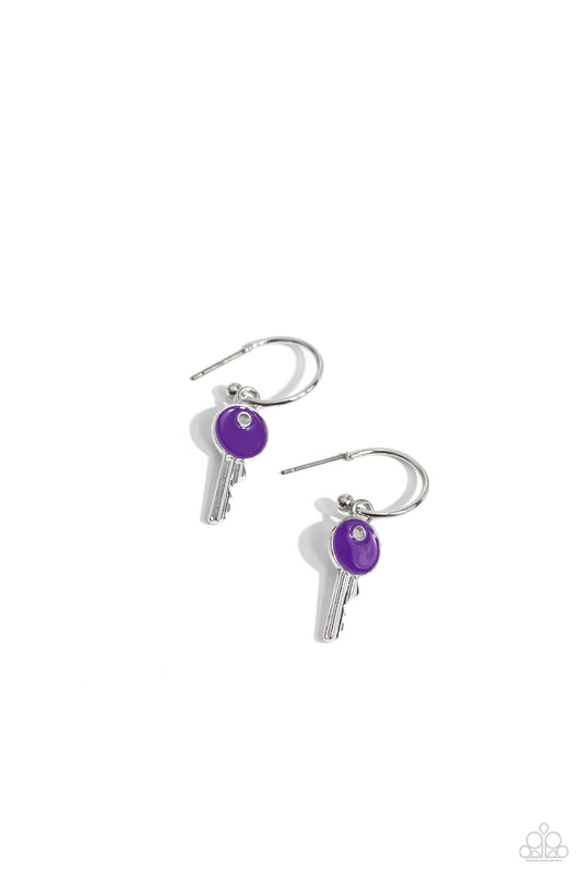 Key Performance - Purple Painted Key Charm/Silver Dainty Hoop Paparazzi Earrings