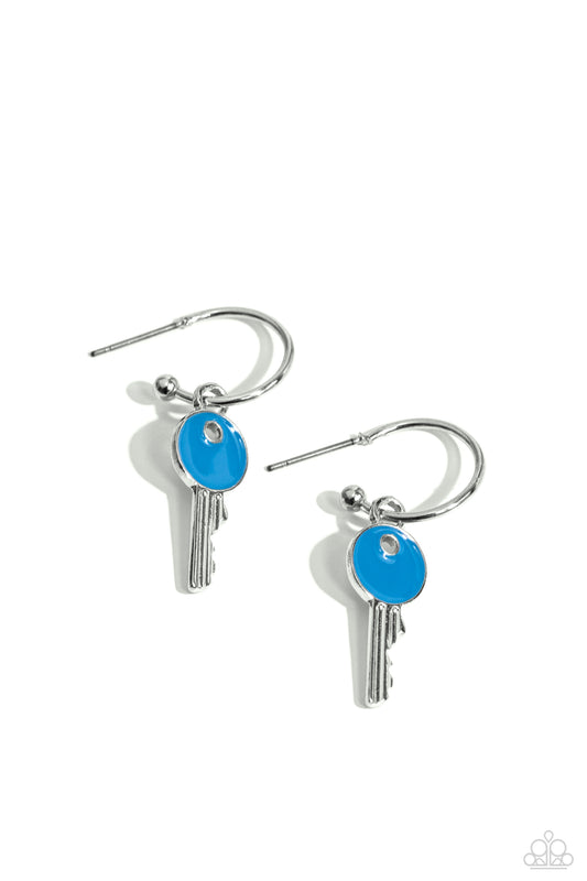 Key Performance - Blue Dainty Painted Key/Silver Hoop Paparazzi Earrings