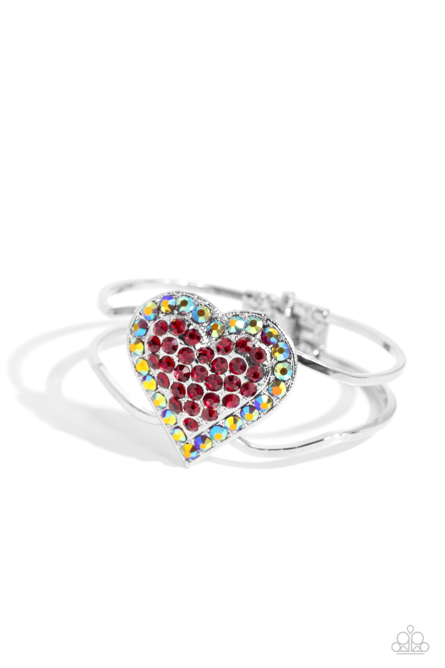 Flirtatious Finale - Red Rhinestones/Red Tinted Iridescent Rhinestones Heart Paparazzi Cuff Bracelet