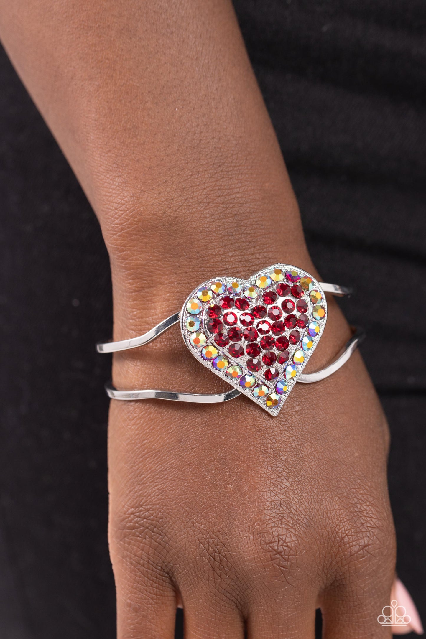 Flirtatious Finale - Red Rhinestones/Red Tinted Iridescent Rhinestones Heart Paparazzi Cuff Bracelet