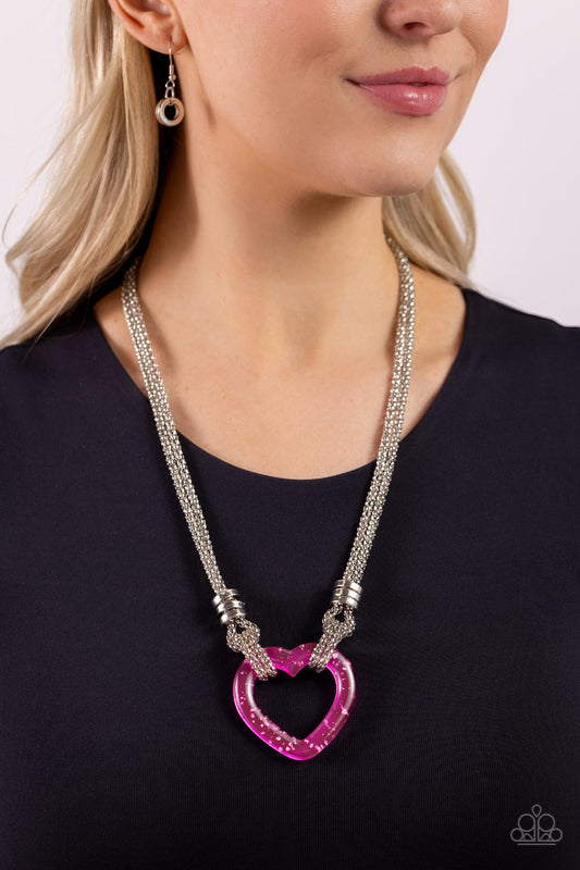 Lead with Your Heart - Pink/Silver Flecked Heart Pendant Paparazzi Necklace & matching earrings