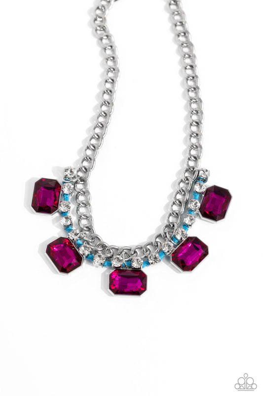 WEAVING Wonder - Blue Cording/Faceted Pink Gems/White Rhinestones Paparazzi Necklace & matching earrings
