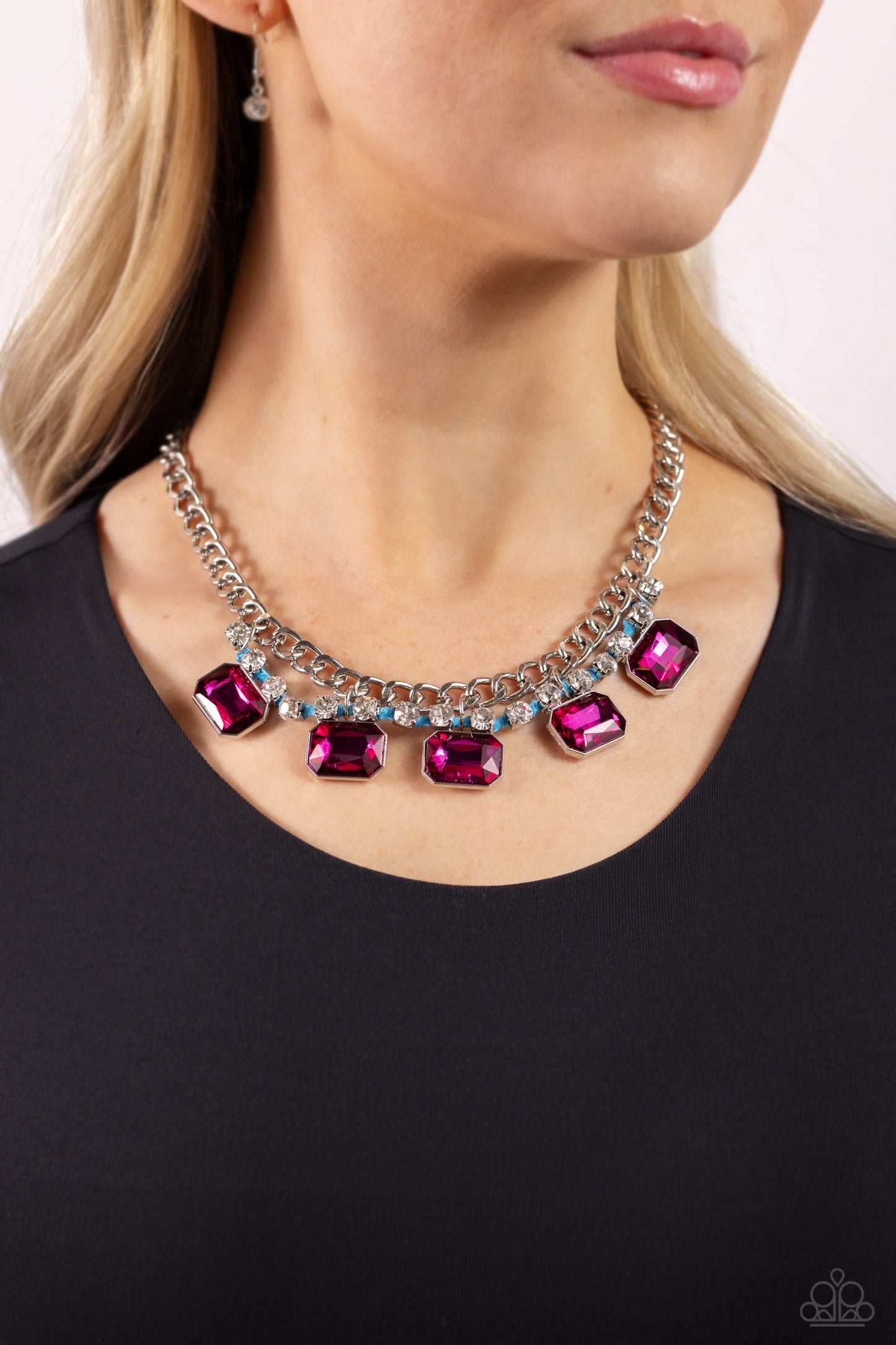 WEAVING Wonder - Blue Cording/Faceted Pink Gems/White Rhinestones Paparazzi Necklace & matching earrings