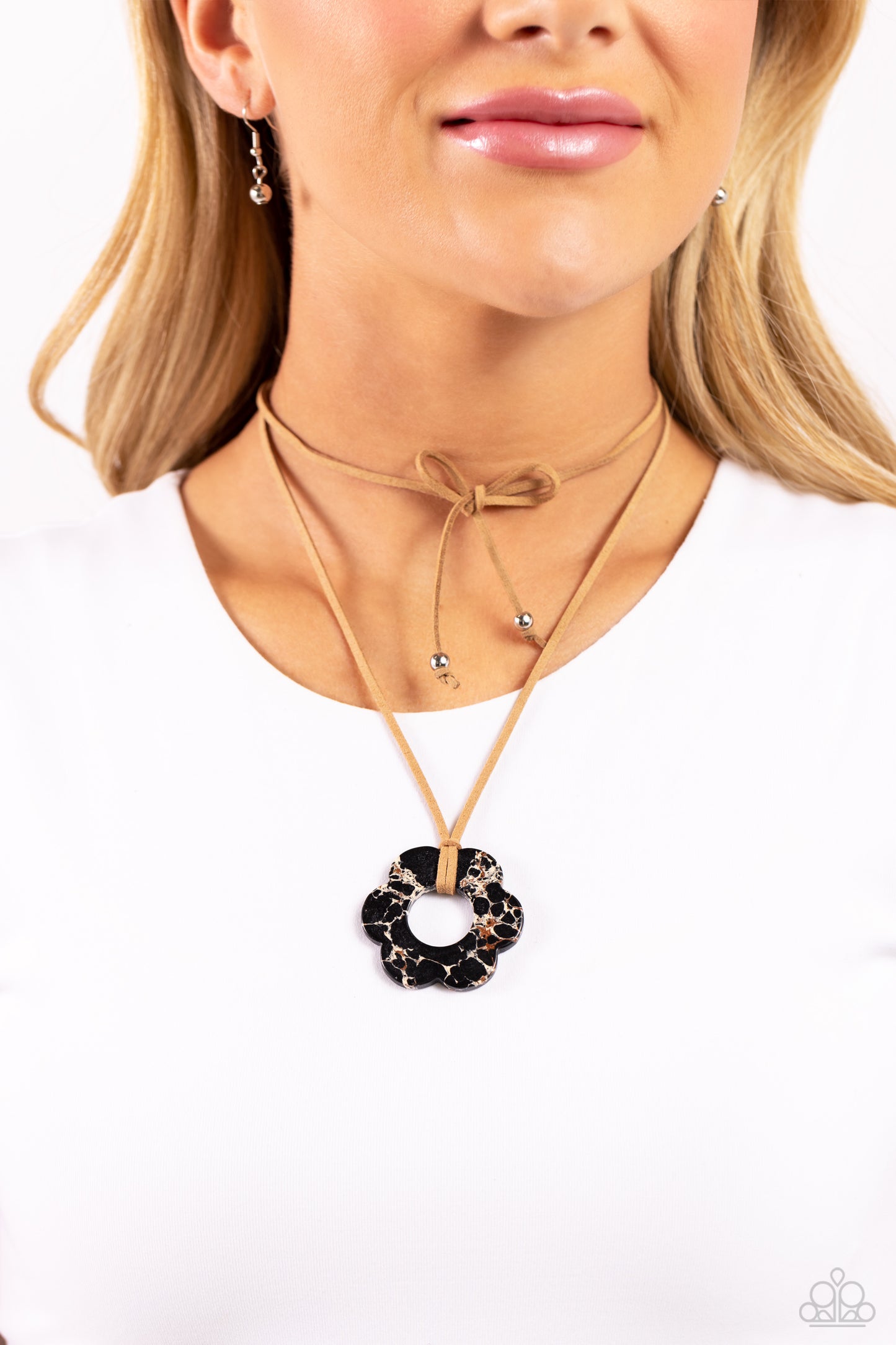 Tied Triumph - Black/Brown/White Flower Pendant Paparazzi Necklace & matching earrings