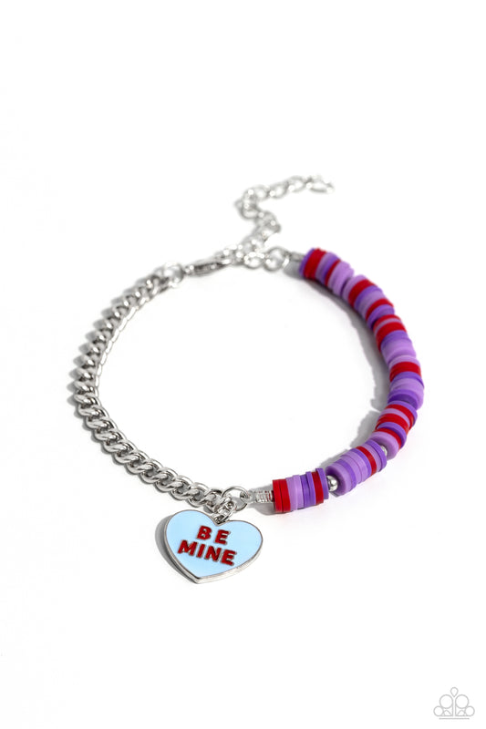 Be Mine Beauty - Multi Colored Clay Discs/Blue "Be Mine" Heart Charm Paparazzi Adjustable Bracelet