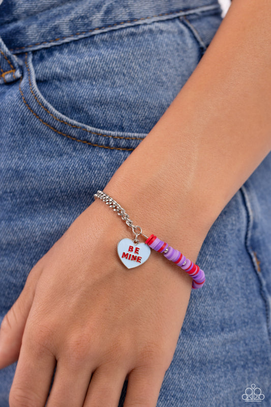 Be Mine Beauty - Multi Colored Clay Discs/Blue "Be Mine" Heart Charm Paparazzi Adjustable Bracelet