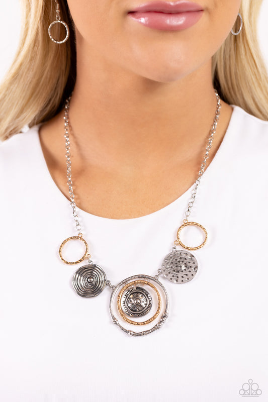 Mysterious Masterpiece - Silver/Gold Hammered Studded Discs Paparazzi Necklace & matching earrings