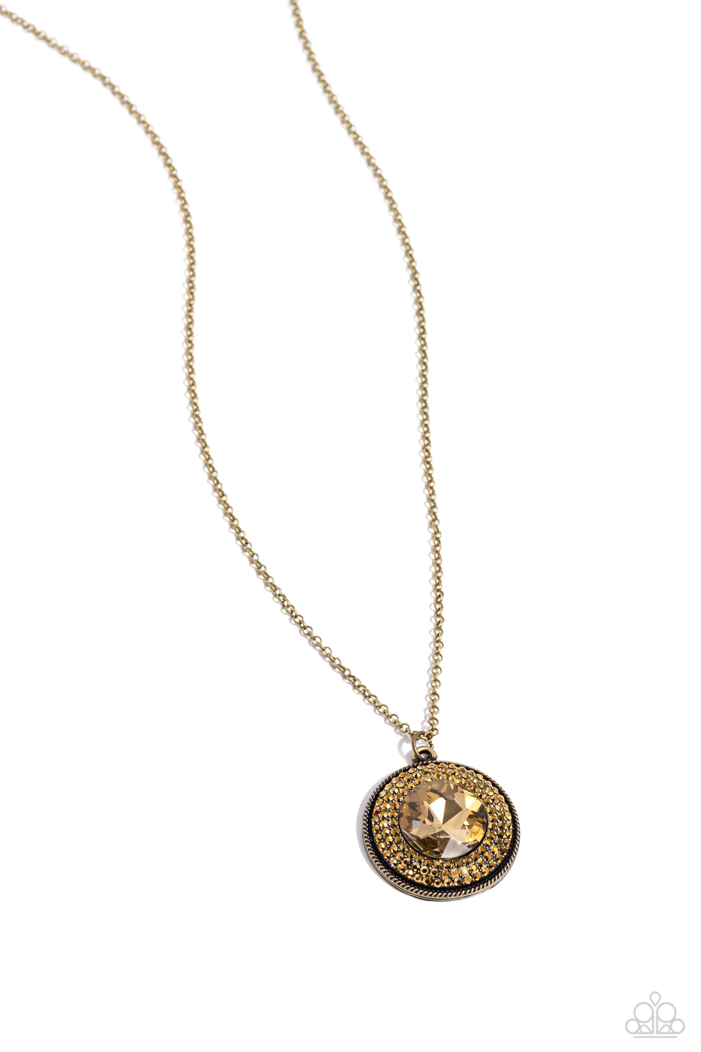 Demanding Director - Brass Disc/Aurum Rhinestone Pendant Paparazzi Necklace & matching earrings