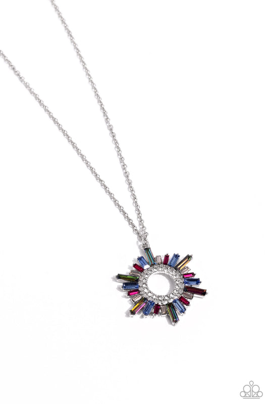 Enigmatic Edge - Multi Colored Gem Sunburst Pendant Paparazzi Necklace & matching earrings