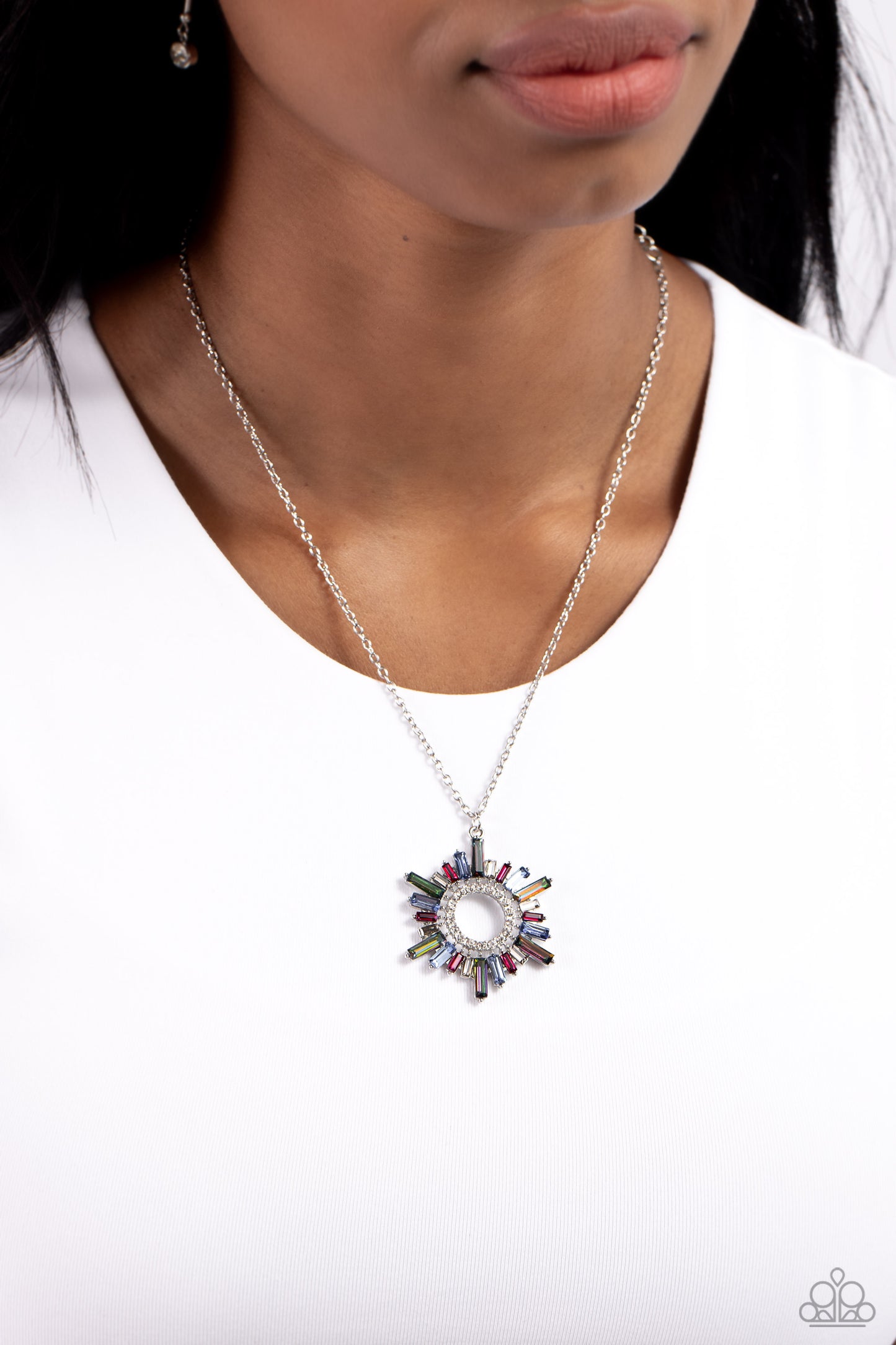 Enigmatic Edge - Multi Colored Gem Sunburst Pendant Paparazzi Necklace & matching earrings
