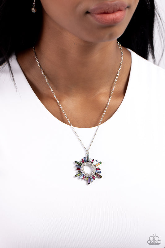 Enigmatic Edge - Multi Colored Gem Sunburst Pendant Paparazzi Necklace & matching earrings