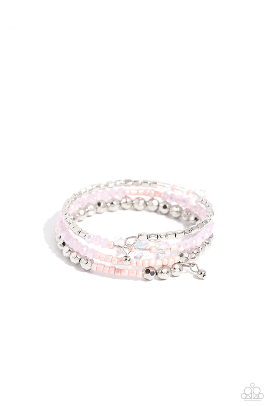 Boundless Behavior - Pink Seed Beads/Faceted Pink Beads/Silver Beaded Paparazzi Coil Bracelet