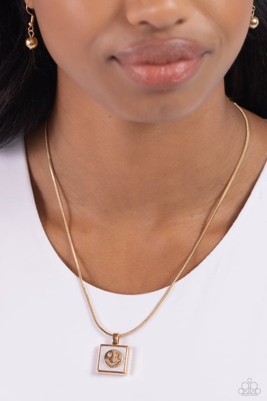 Smiley Season - Gold Smily Face/White Shell Pendant Paparazzi Necklace & matching earrings
