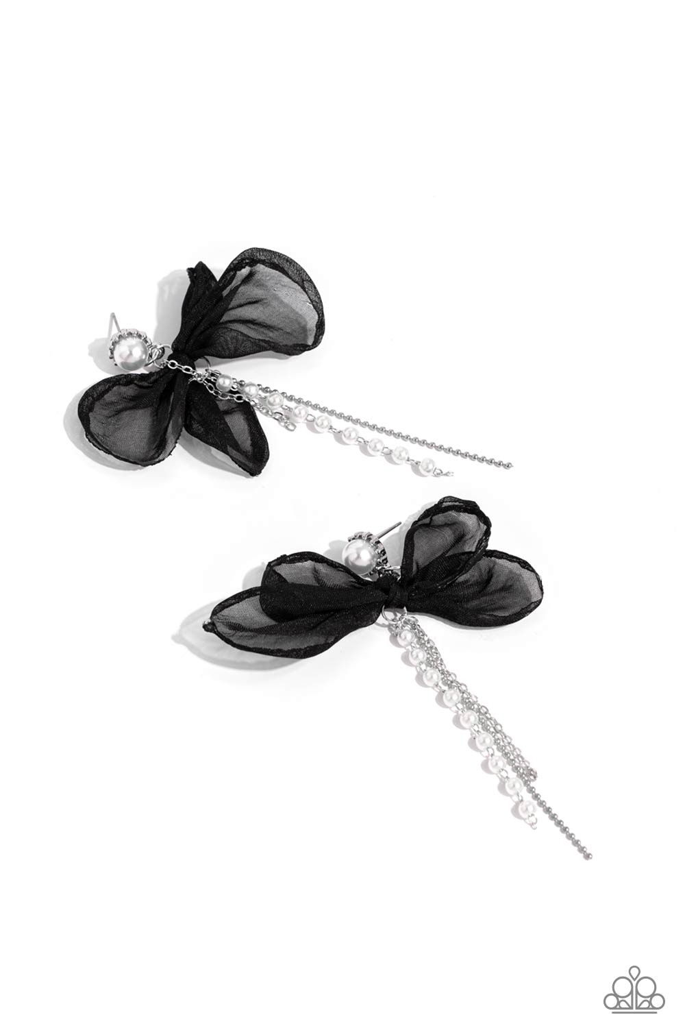 High-Class Heiress - Black Chiffon Bow/White Pearl.Silver Ball Chain Paparazzi Earrings