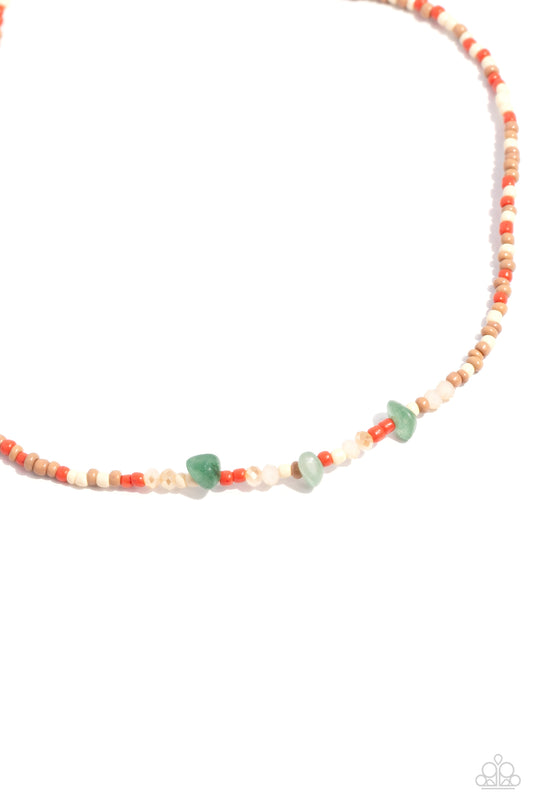 Naturally Notorious - Green Stones/Peach, Cream, Tan Seed Beads Paparazzi Necklace & matching earrings