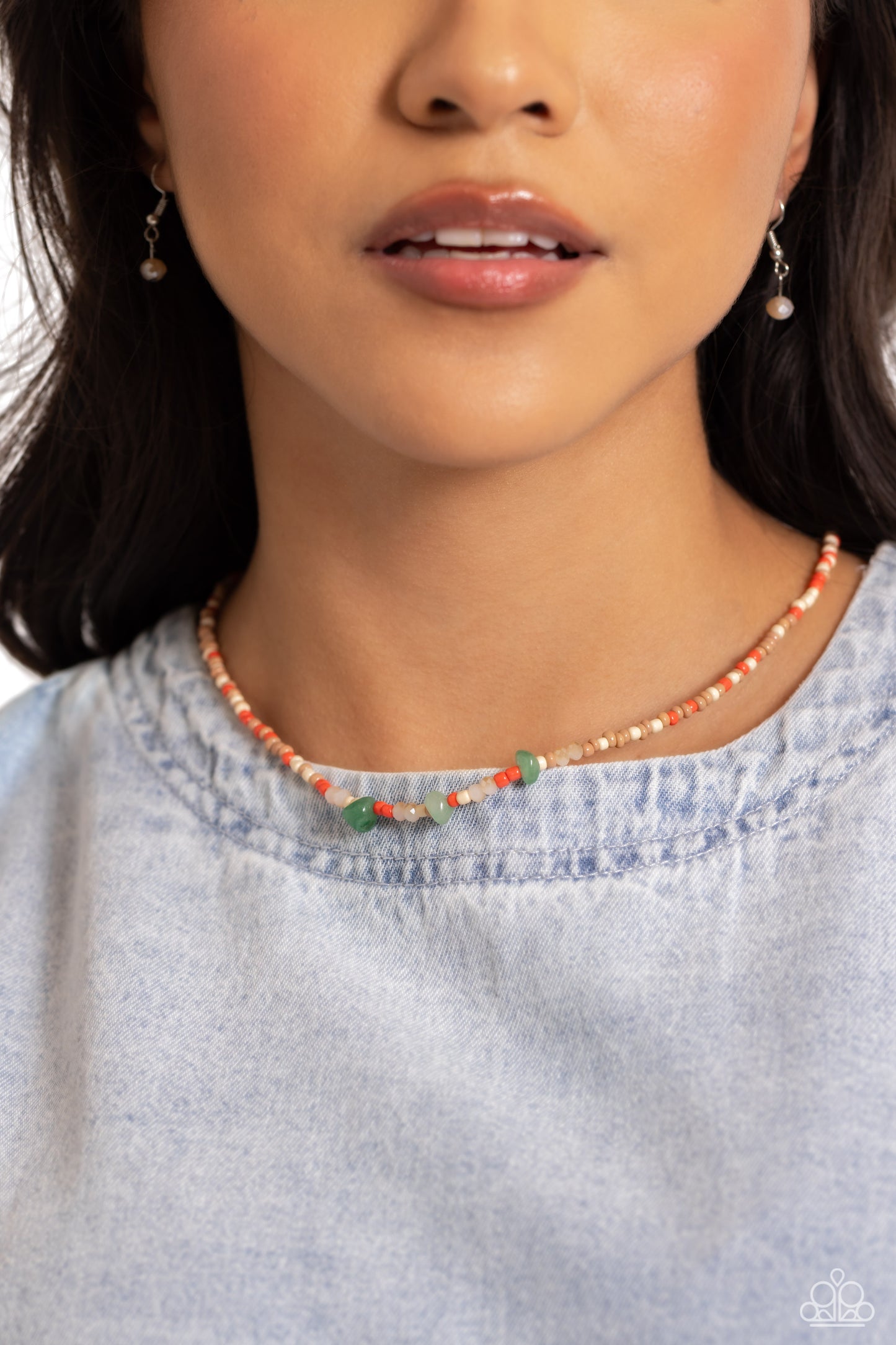 Naturally Notorious - Green Stones/Peach, Cream, Tan Seed Beads Paparazzi Necklace & matching earrings