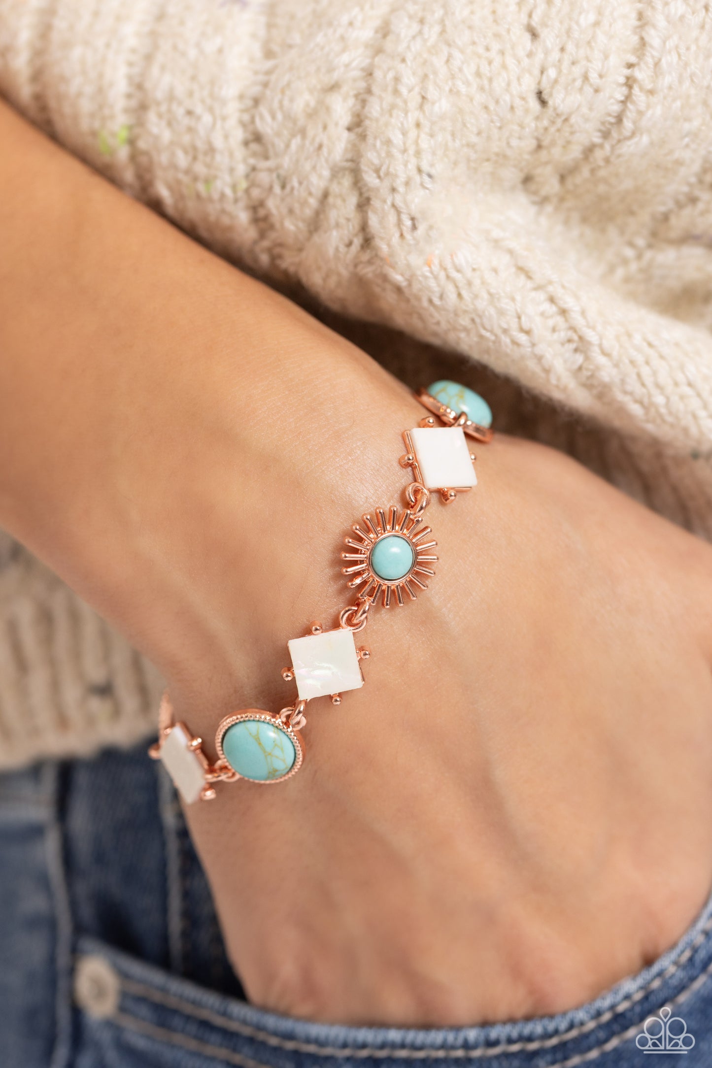 Sunburst Splendor - Copper Sunbursts/Turquoise Stones/White Shells Paparazzi Adjustable Bracelet