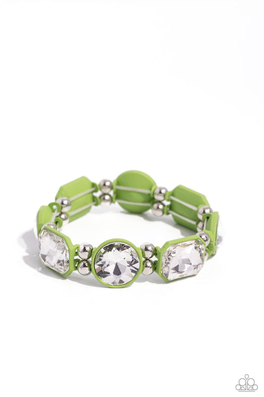 Transforming Taste - Green Frames & Oversized White Gems Paparazzi Stretch Bracelet