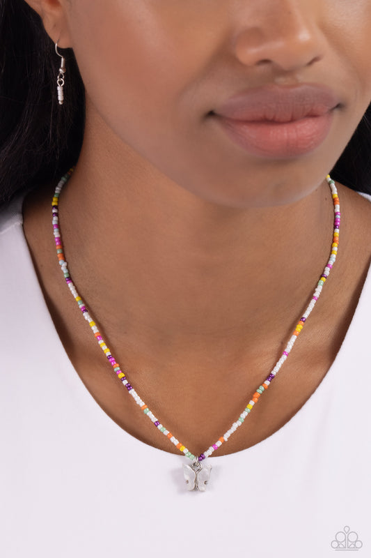 Soaring Shell - White Shell Butterfly/Multicolored Seed Beads Paparazzi Necklace & matching earrings