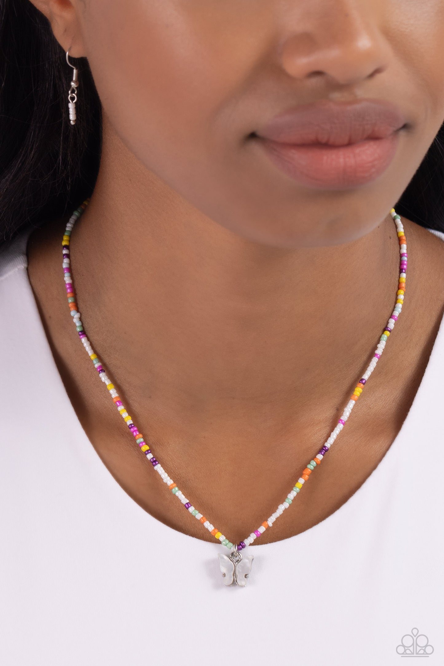 Soaring Shell - White Shell Butterfly/Multicolored Seed Beads Paparazzi Necklace & matching earrings