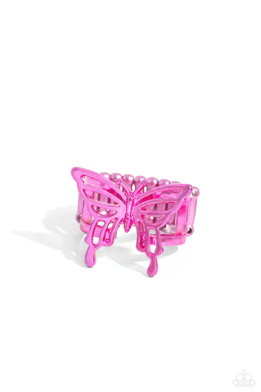 Playfully Polished - Pink Metallic Butterfly Paparazzi Ring