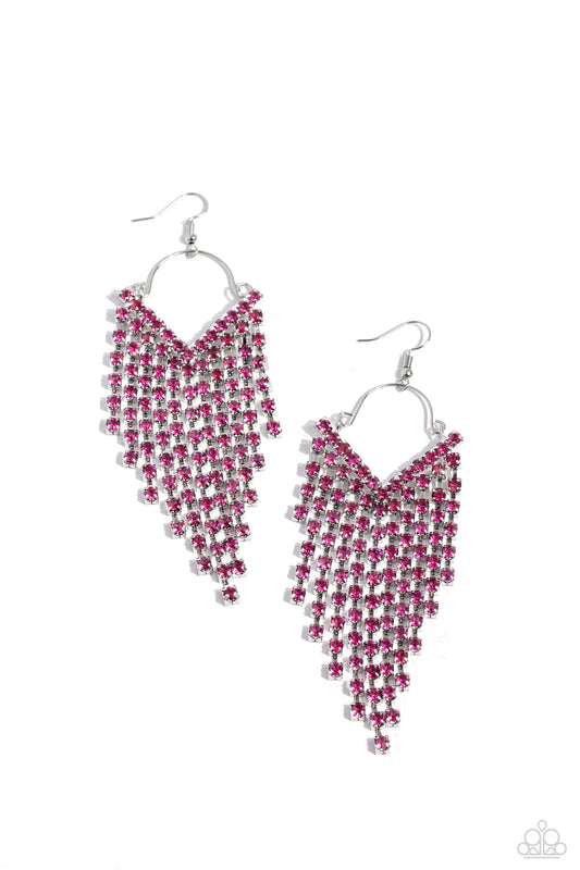 V Fallin - Pink Rhinestone V Shaped Fringe Paparazzi Earrings