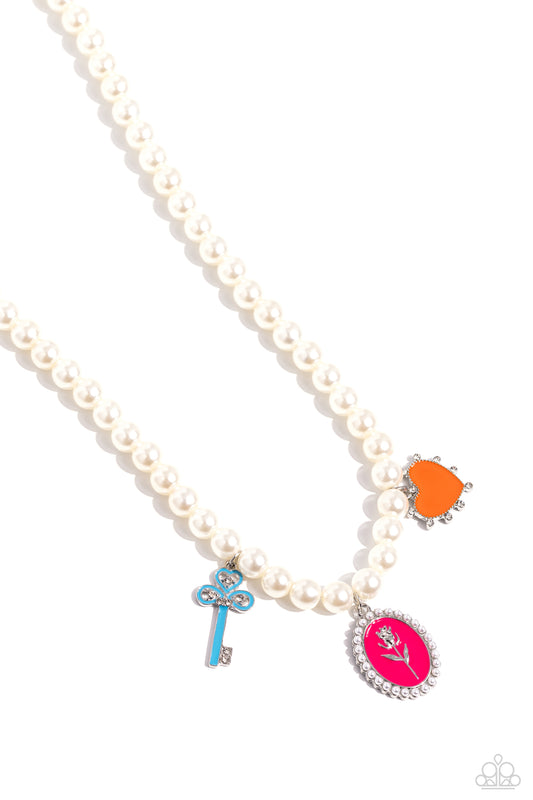 Charming Collision - Multi Colored Charms/White Pearls Paparazzi Necklace & matching earrings