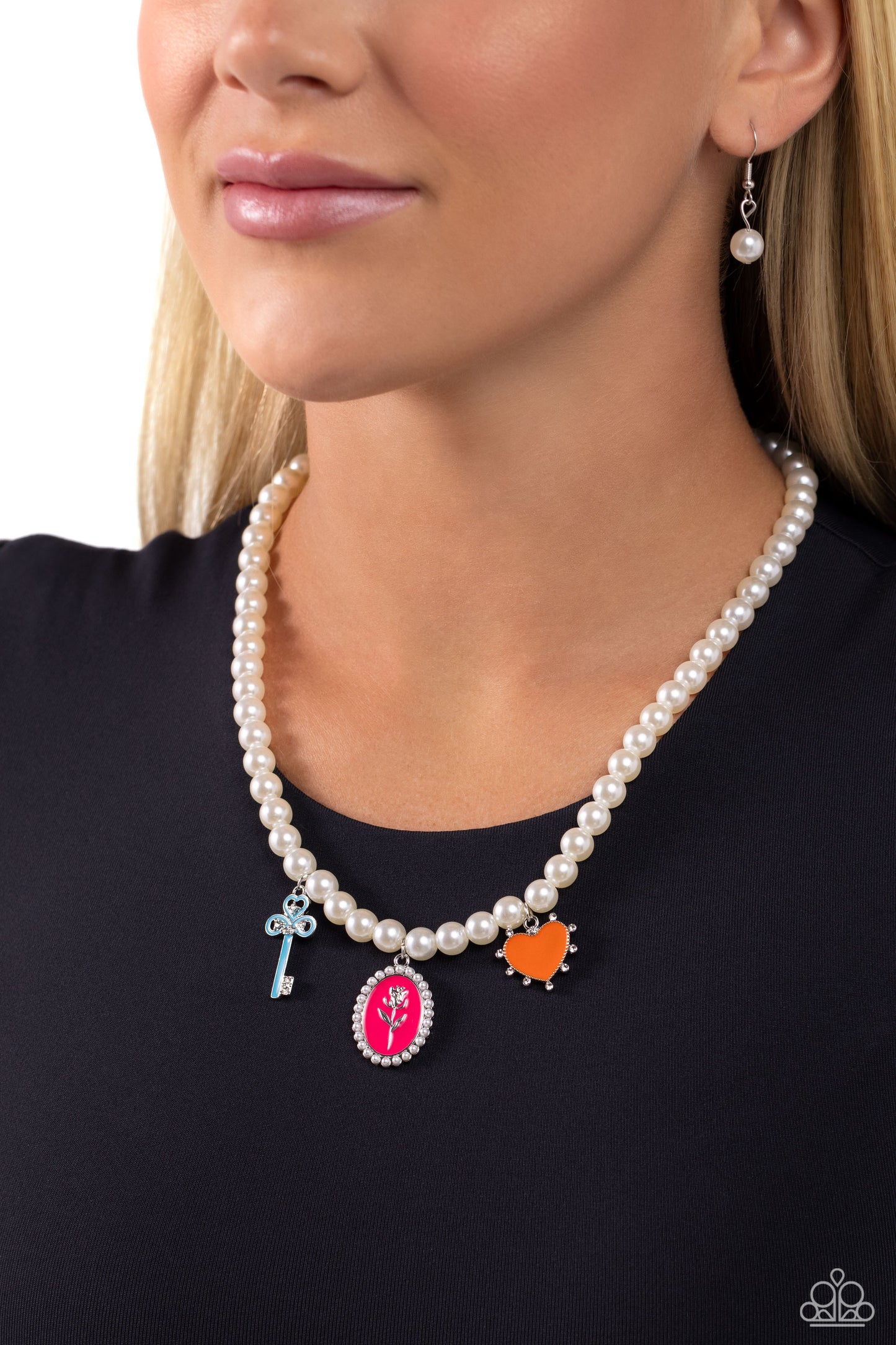 Charming Collision - Multi Colored Charms/White Pearls Paparazzi Necklace & matching earrings