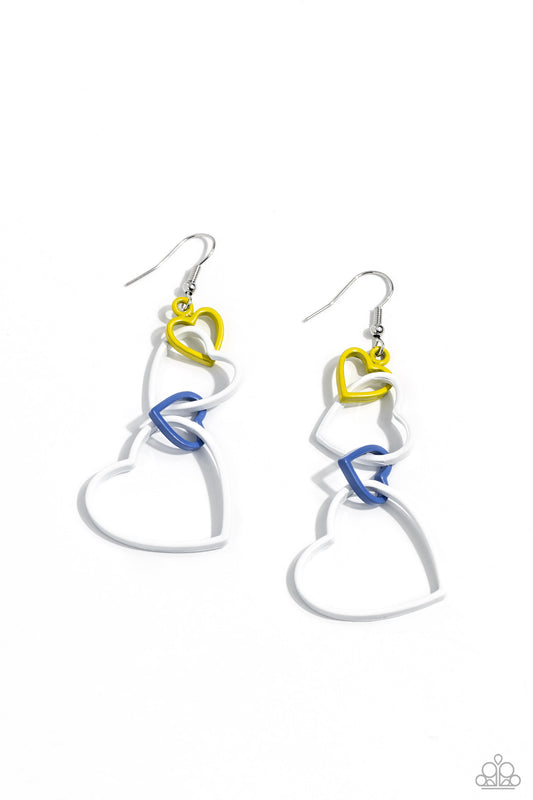 Cascading Crush - White. Yellow, & Blue Heart Silhouette's Paparazzi Earrings