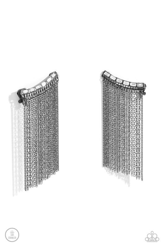 Feuding Fringe - Gunmetal Chain Fringe/White Gem Paparazzi Ear Crawler Earrings