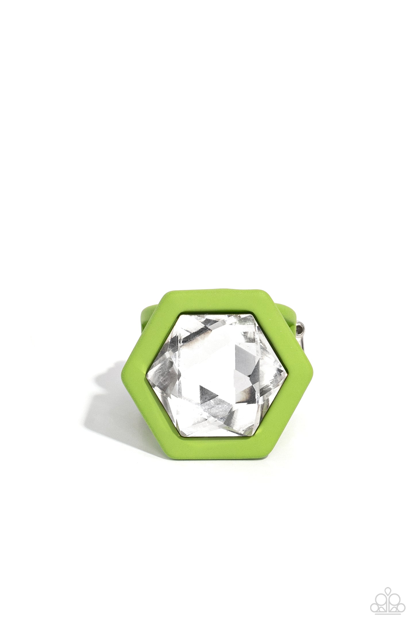 Changing Class - Green Frame & Faceted White Gem Paparazzi Ring