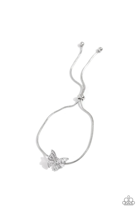 Adjustable Allure - White Rhinestone Butterfly Paparazzi Urban Bracelet