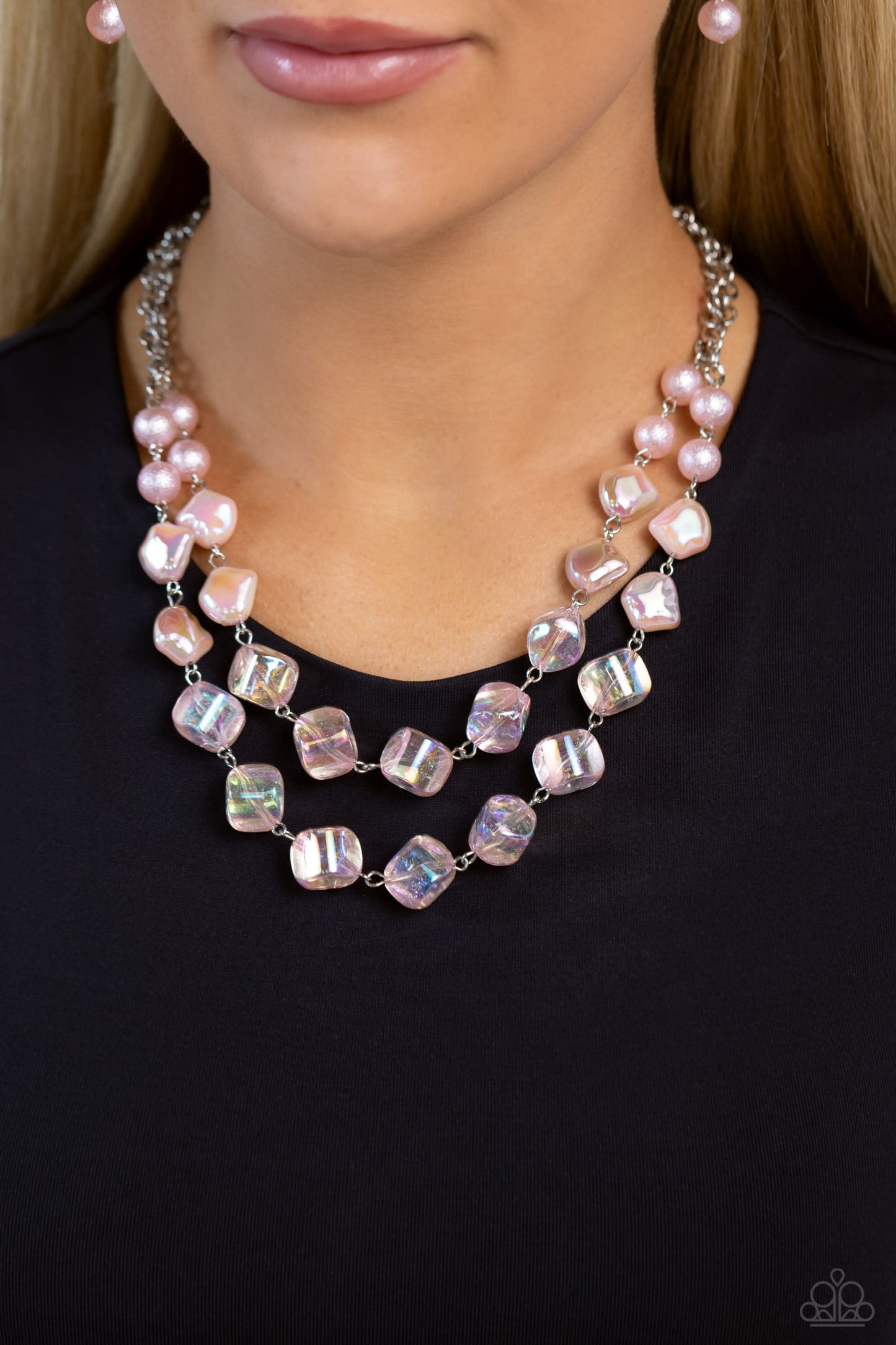 Eclectic Embellishment - Pink Pearls/Iridescent Beaded Paparazzi Necklace & matching earrings