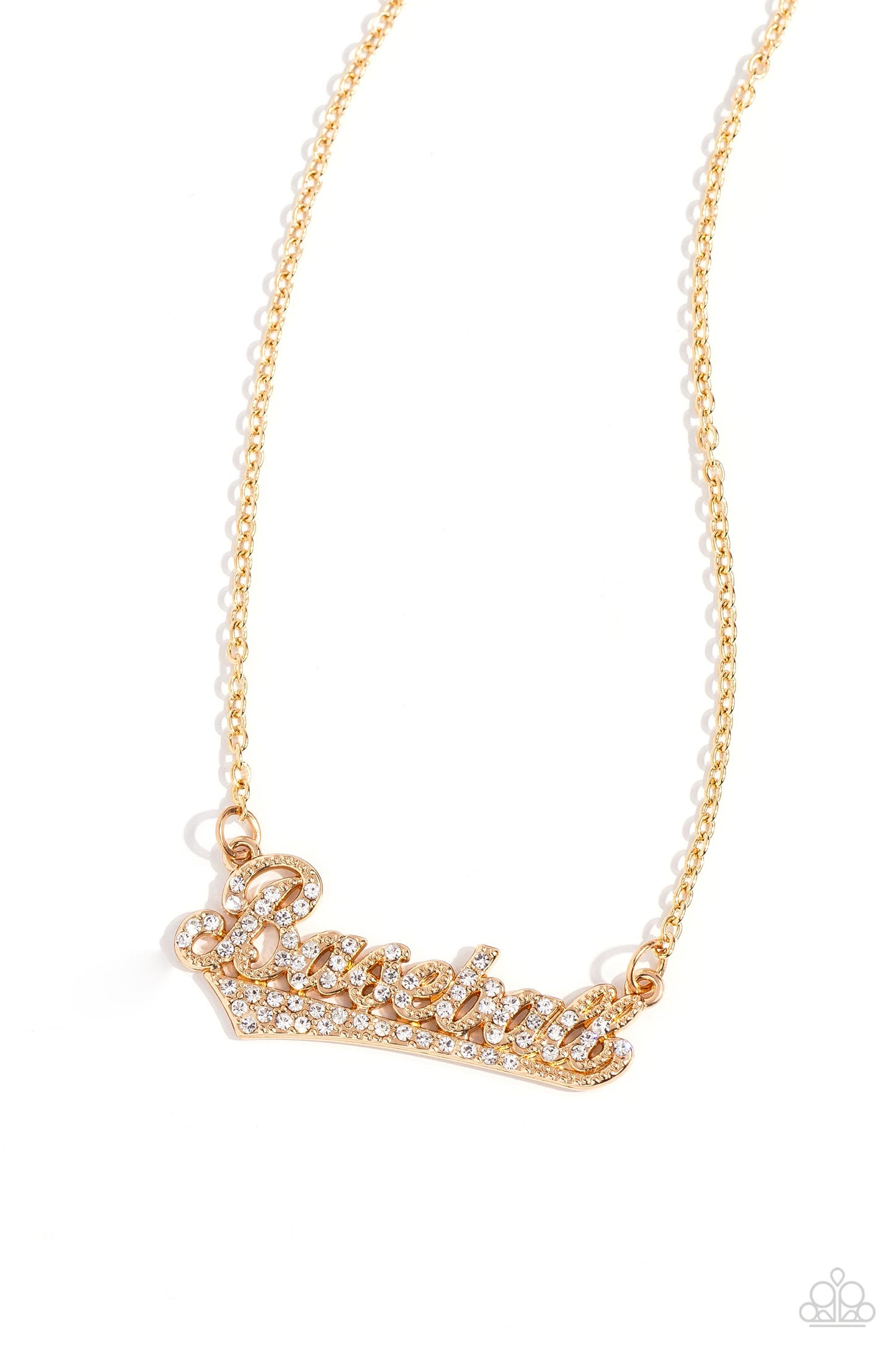 Home Run Haute - Gold/White Rhinestone "Baseball" Pendant Paparazzi Necklace & matching earrings