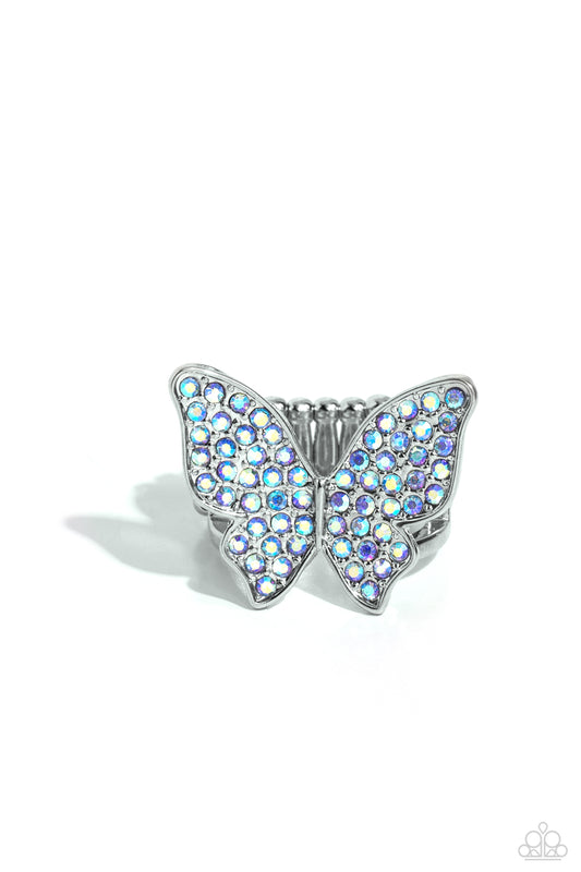 High Time - Blue Iridescent Rhinestone Encrusted Butterfly Paparazzi Post Earrings