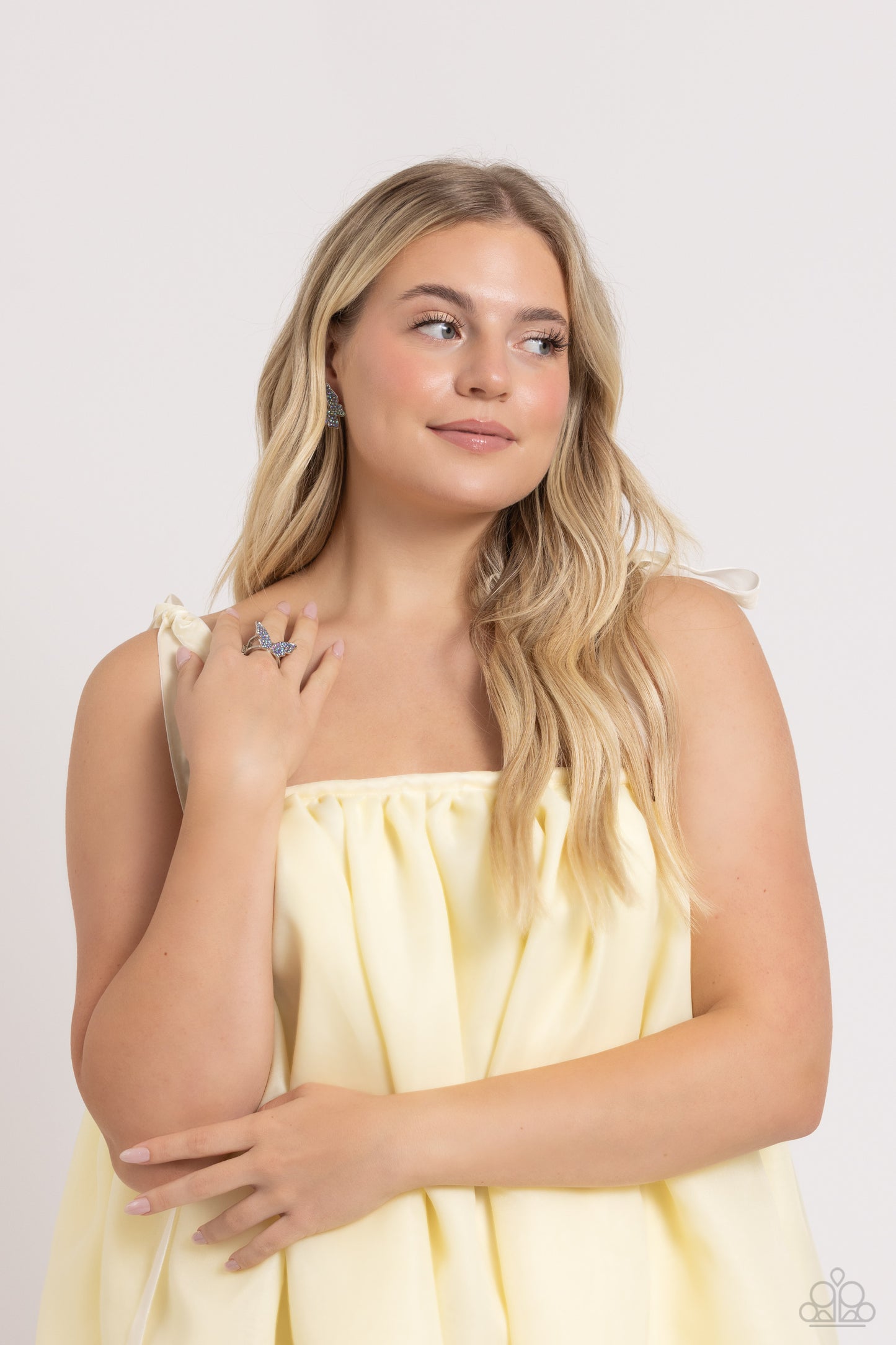 High Time - Blue Iridescent Rhinestone Encrusted Butterfly Paparazzi Post Earrings