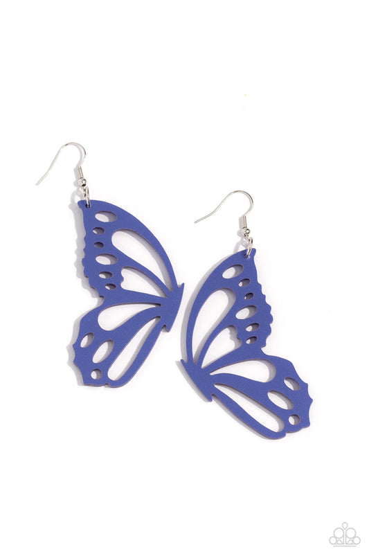 WING of the World - Blue Metallic Oversized Butterfly Wing Paparazzi Earrings