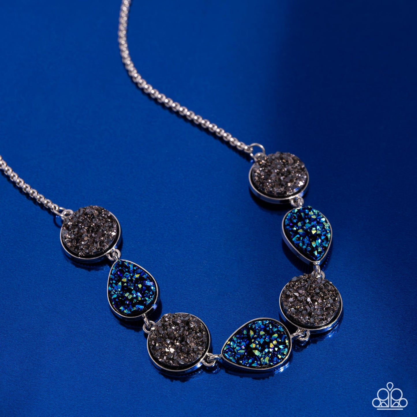 Druzy Demand - Silver Hematite/Blue Oil-Spill Accents Paparazzi Necklace & matching earrings