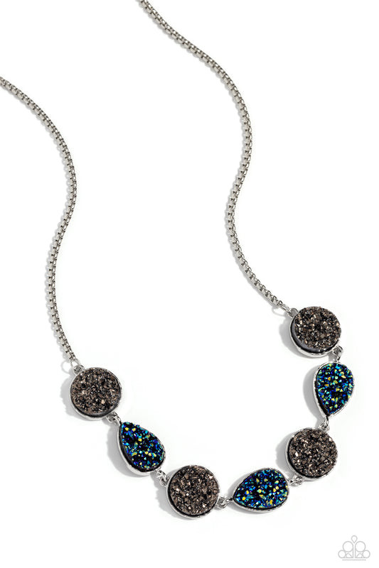Druzy Demand - Silver Hematite/Blue Oil-Spill Accents Paparazzi Necklace & matching earrings