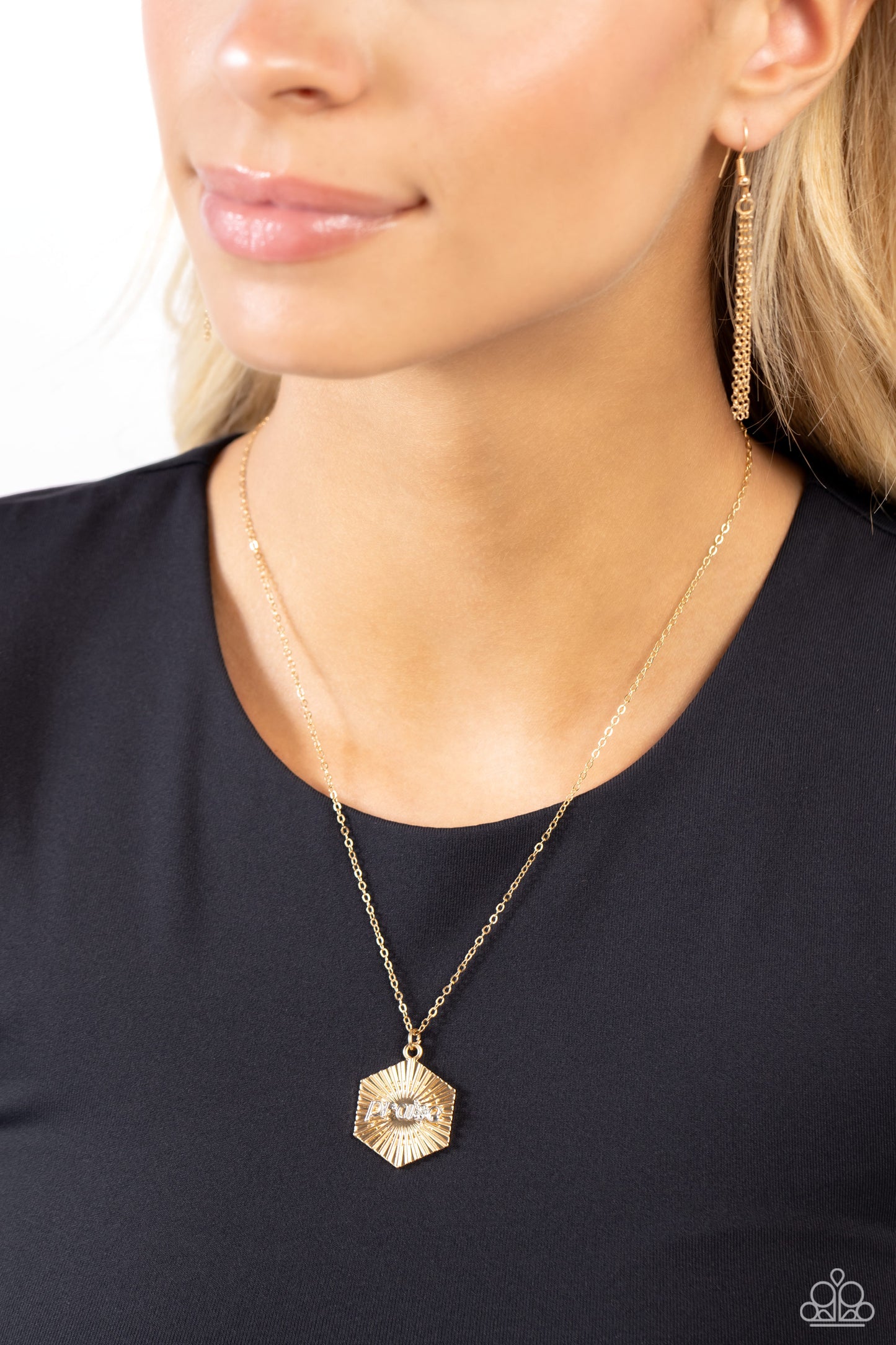 Turn of PRAISE - Gold Hexagon/Silver "praise" Pendant Paparazzi Necklace & matching earrings