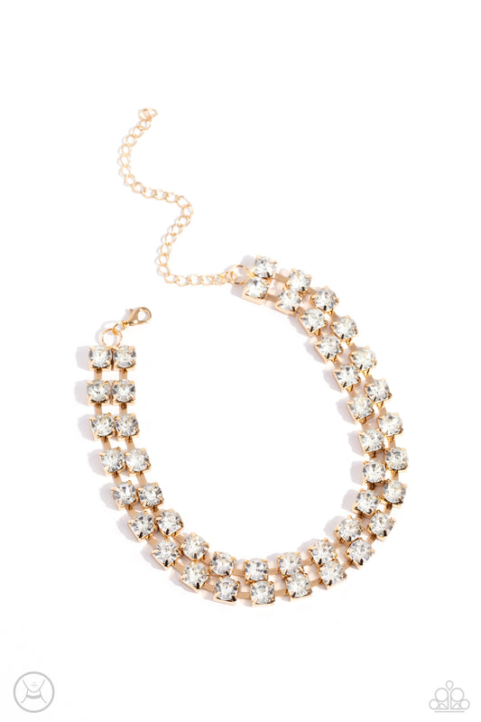 Glistening Gallery - Gold Pronged Fittings/Oversized White Rhinestones Paparazzi Choker Necklace & matching earrings