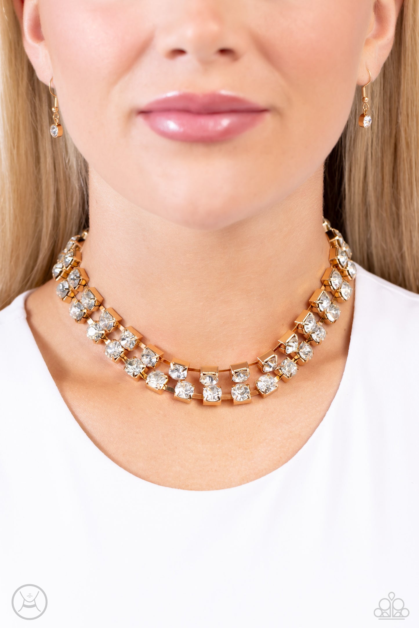 Glistening Gallery - Gold Pronged Fittings/Oversized White Rhinestones Paparazzi Choker Necklace & matching earrings