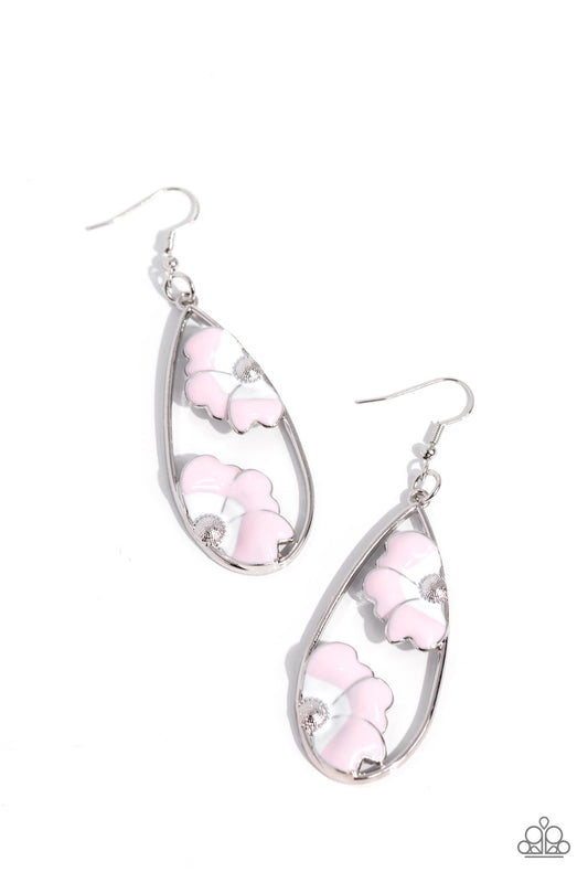 Airily Abloom - Pink 3D Flowers/Silver Teardrop Paparazzi Earrings