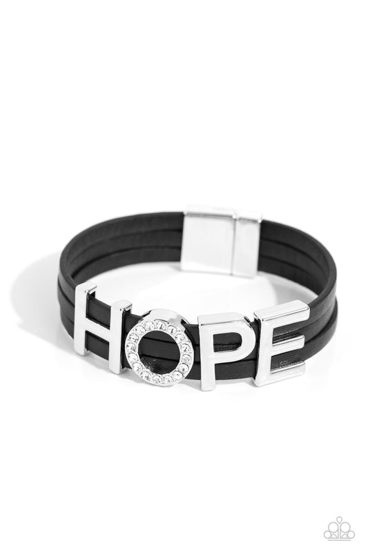 Hopeful Haute - Black Leather/Silver "HOPE" Lettering Paparazzi Magnetic Bracelet