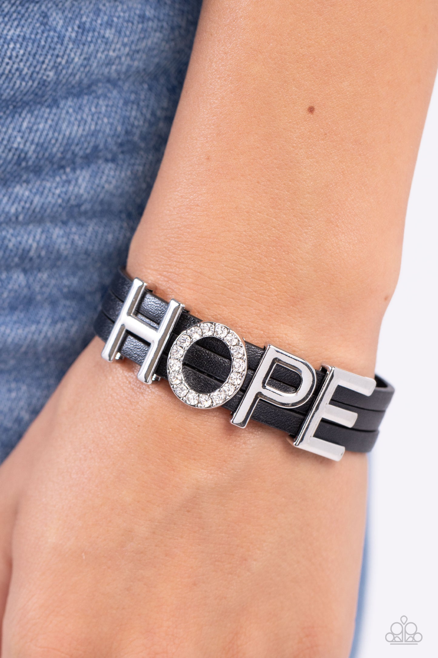 Hopeful Haute - Black Leather/Silver "HOPE" Lettering Paparazzi Magnetic Bracelet