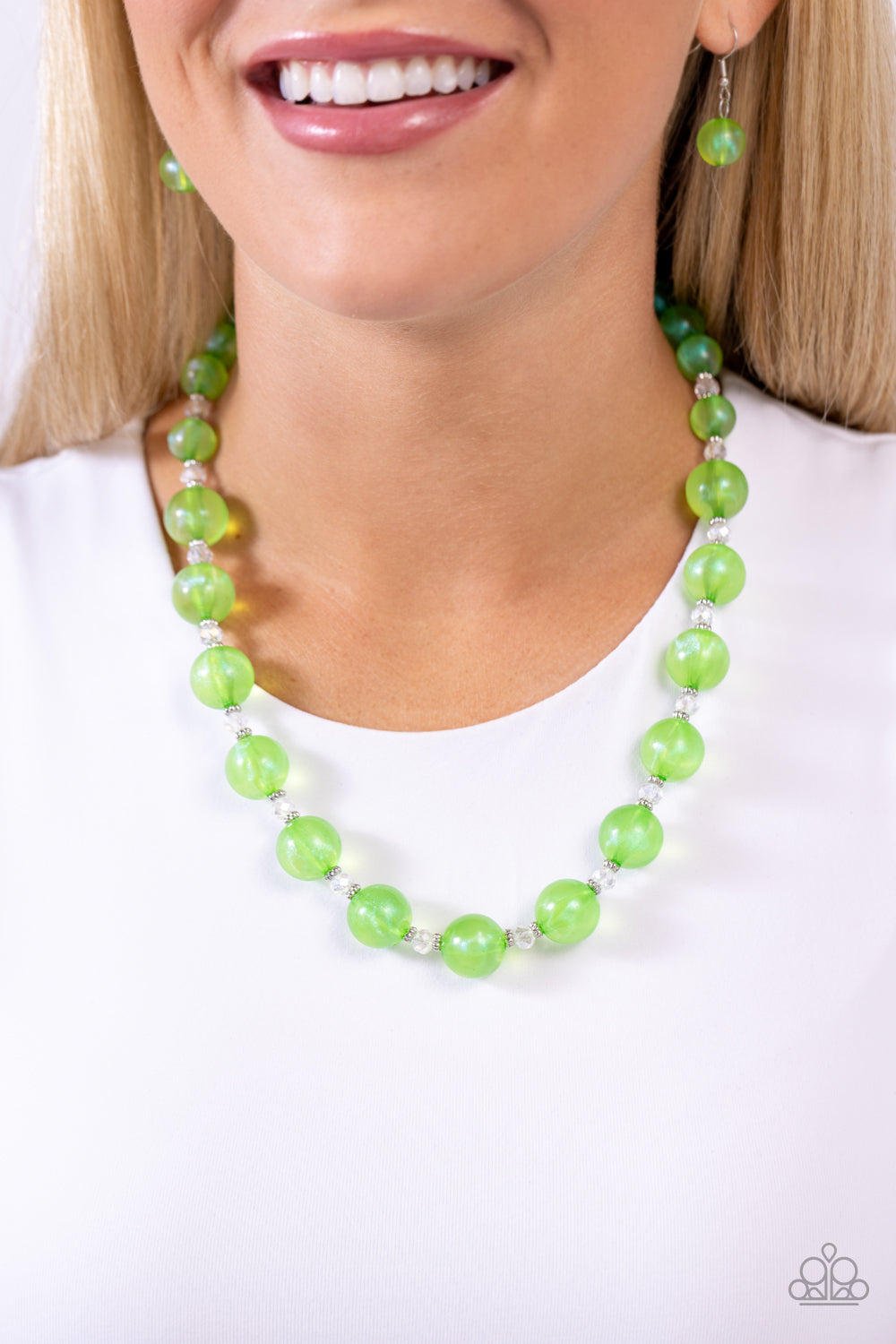 Timelessly Tantalizing - Green Beads/Silver Accents Paparazzi Necklace & matching earrings