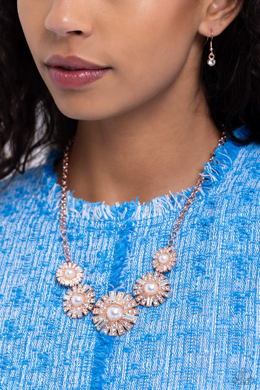 Gatsby Gallery - Copper Metal Bars/White Pearls/White Gems Paparazzi Necklace & matching earrings